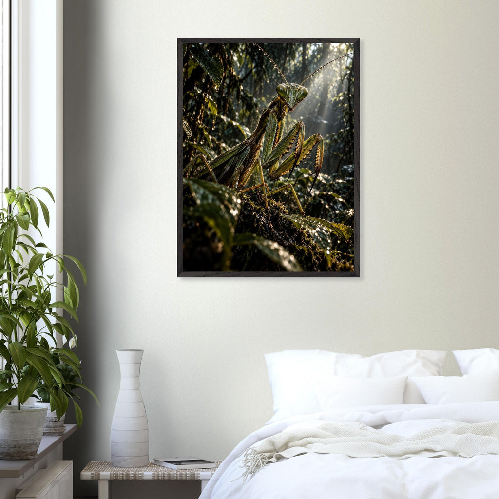 Praying Mantis framed art print, 60 × 80 cm, in a bedroom