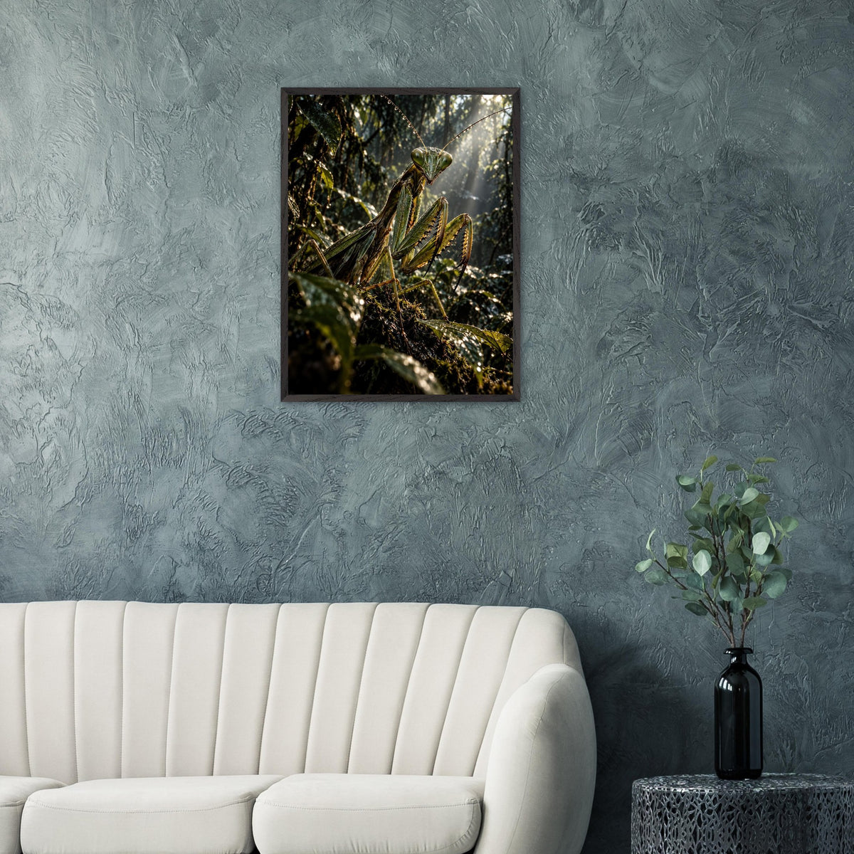 Praying Mantis framed art print, 60 × 80 cm, above a sofa