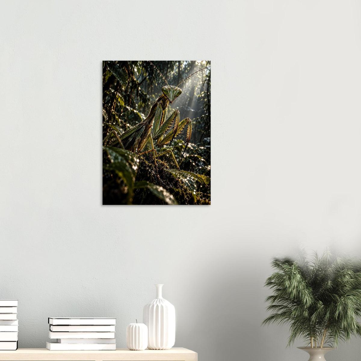 Praying Mantis unframed fine art print, 45 × 60 cm, on a wall above a shelf