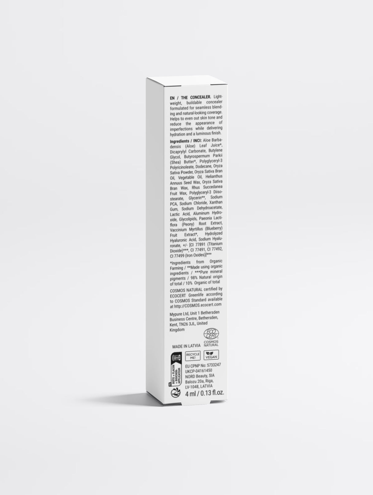 Reverse of the SEV Makeup Correcting Concealer carton showing the full ingredients list, ECOCERT COSMOS Natural certification, vegan and recycling marks, Made in Latvia, and the EU and UK registration numbers.