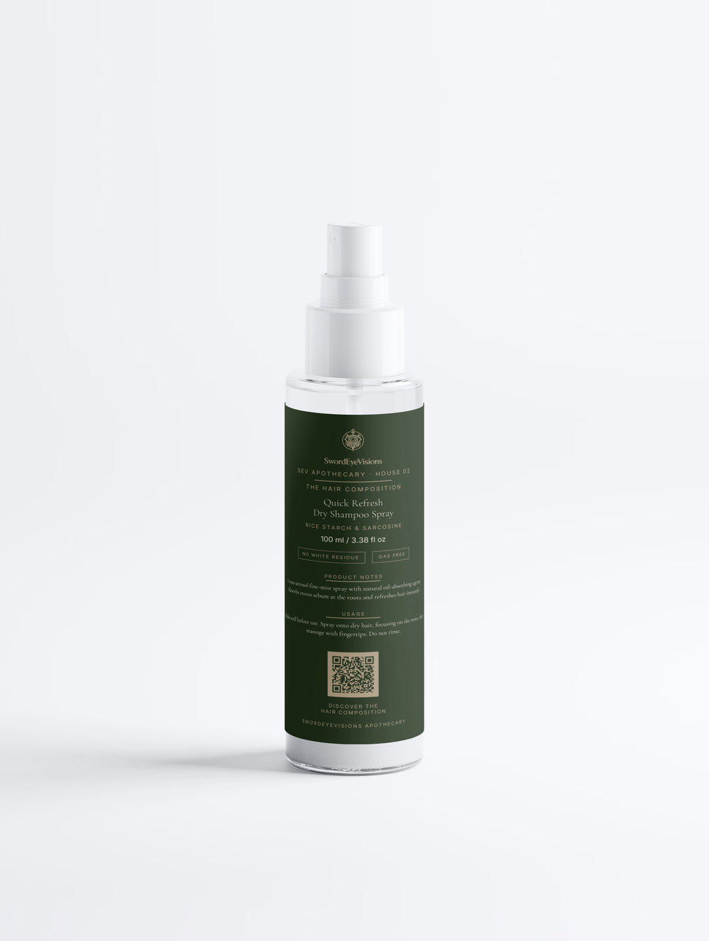 Quick Refresh Dry Shampoo Spray — 100 ml dark green SEV Apothecary spray bottle with pump, The Hair Composition, on a plain studio background.