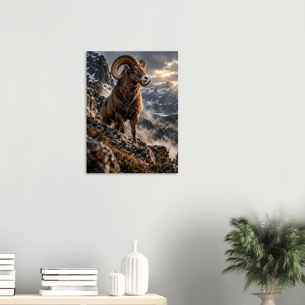 Ram unframed fine art print, 45 × 60 cm, on a wall above a shelf