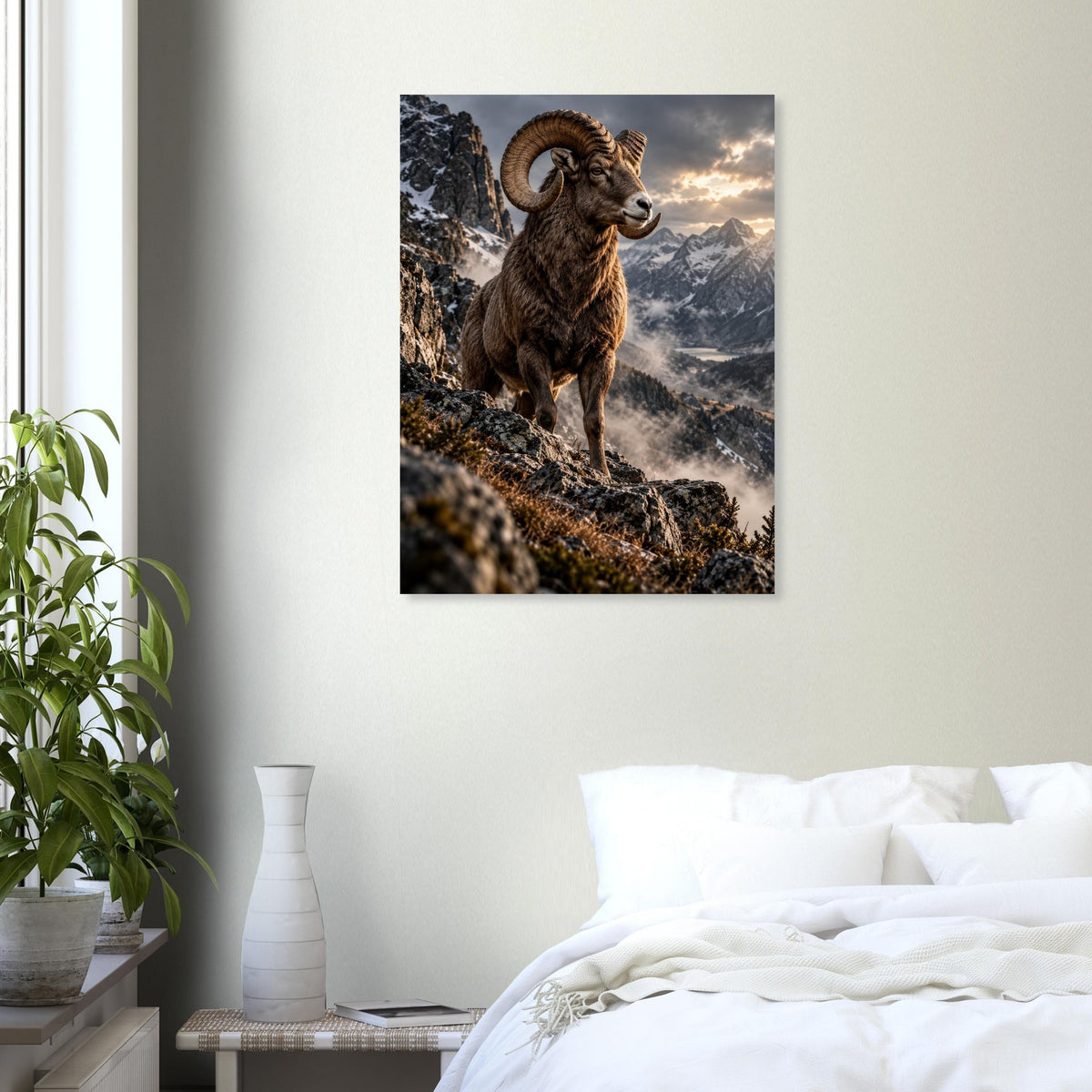 Ram unframed fine art print, 60 × 80 cm, in a bedroom