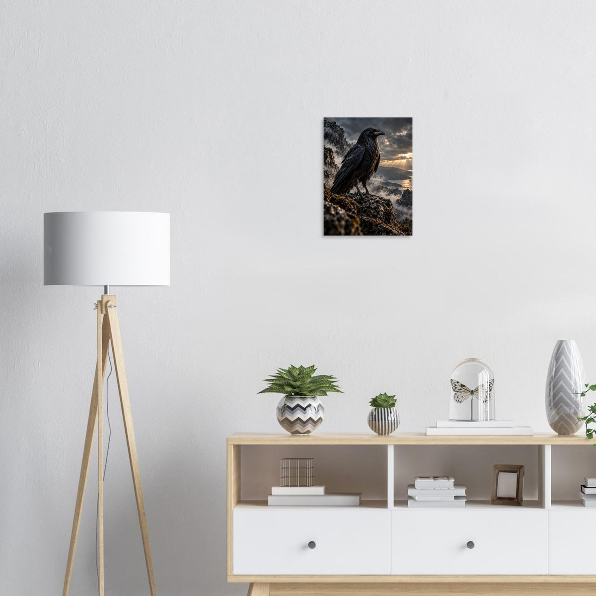 Raven unframed fine art print, 30 × 40 cm, on a wall above a sideboard