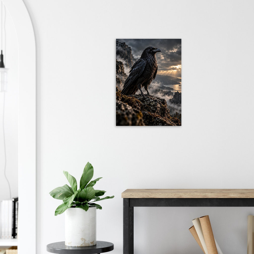 Raven unframed fine art print, 45 × 60 cm, beside an arched doorway