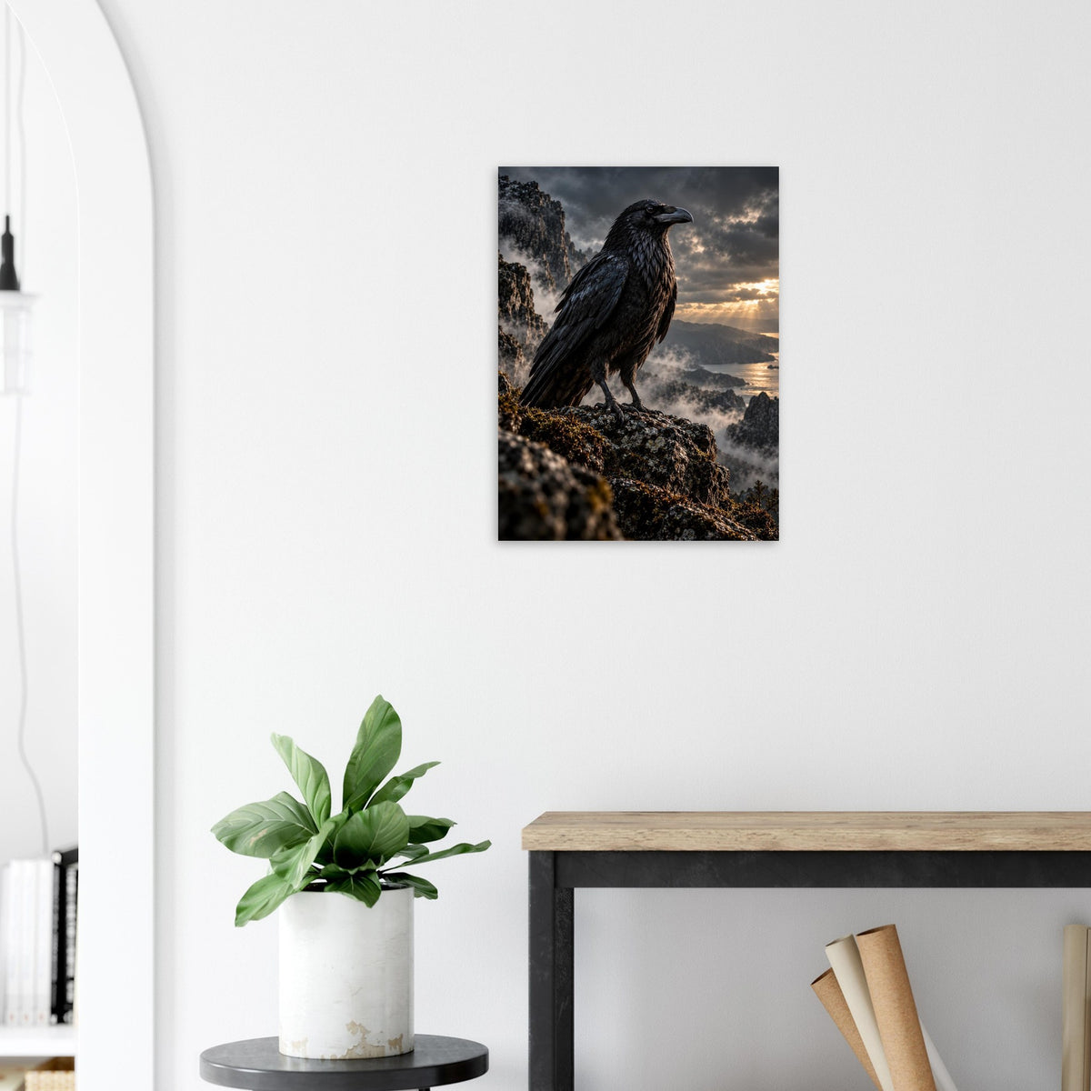 Raven unframed fine art print, 45 × 60 cm, beside an arched doorway