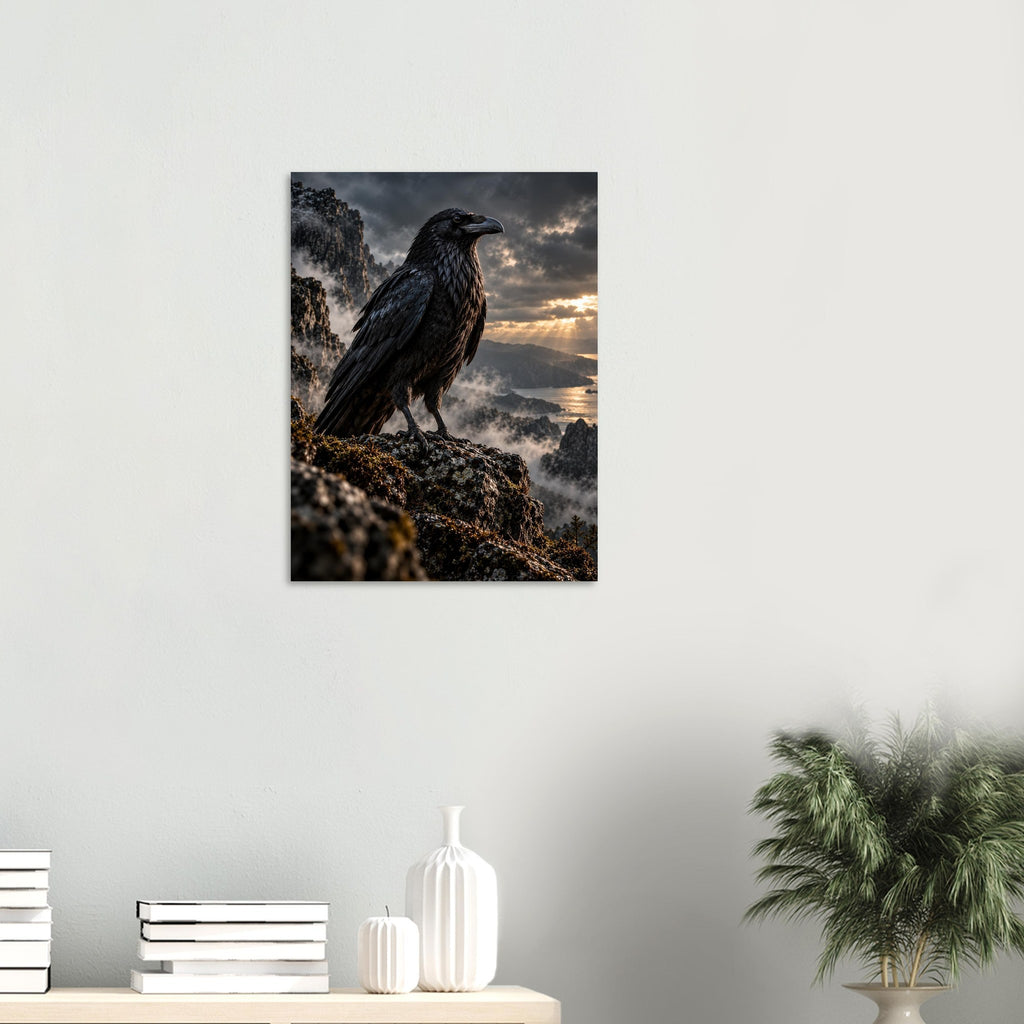 Raven unframed fine art print, 45 × 60 cm, on a wall above a shelf