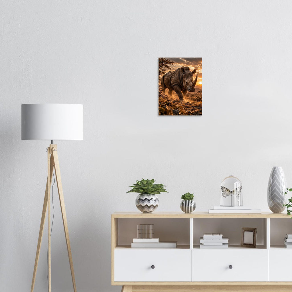 Rhino unframed fine art print, 30 × 40 cm, on a wall above a sideboard