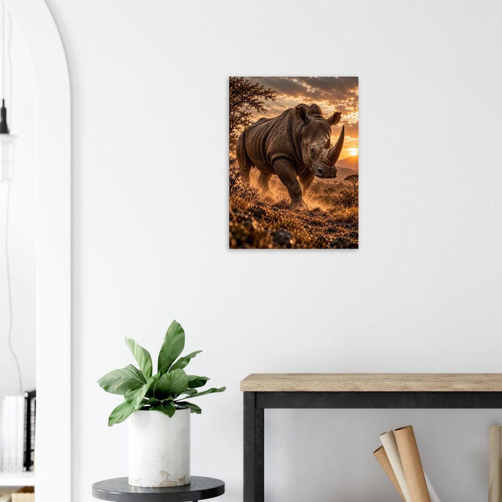 Rhino unframed fine art print, 45 × 60 cm, beside an arched doorway