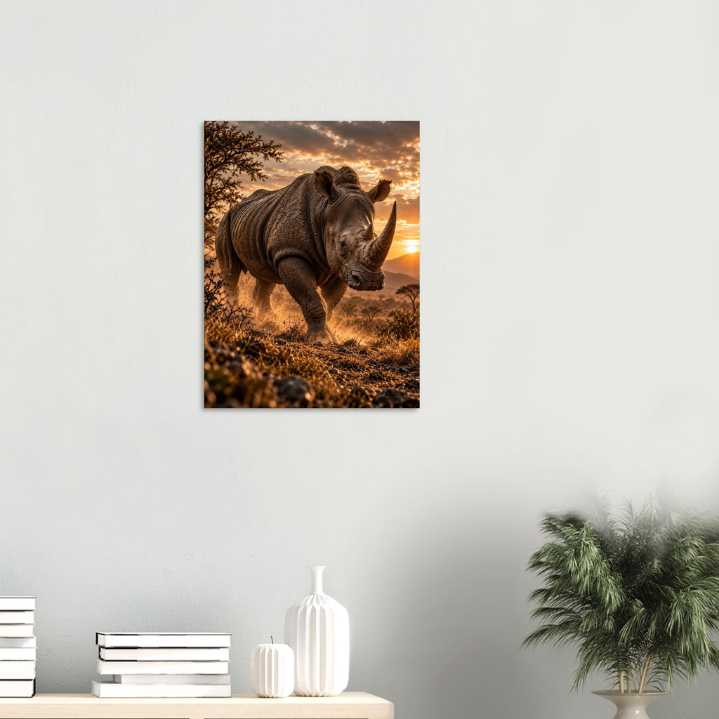 Rhino unframed fine art print, 45 × 60 cm, on a wall above a shelf