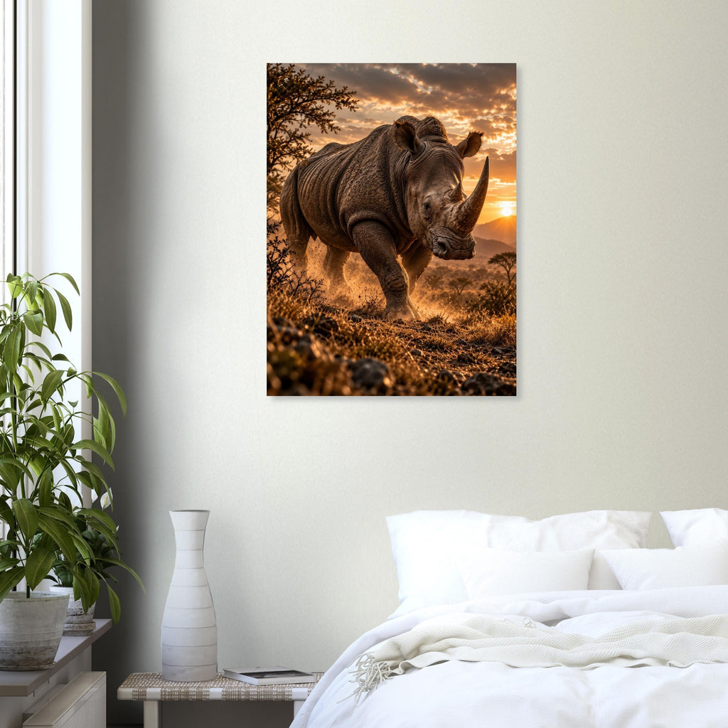 Rhino unframed fine art print, 60 × 80 cm, in a bedroom
