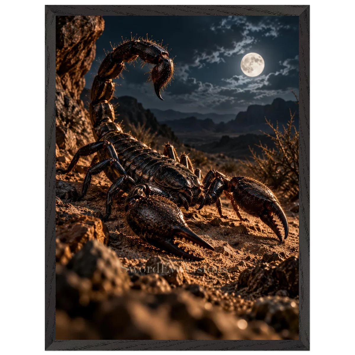 Scorpion in a premium black wooden frame, 45 × 60 cm — protected artwork preview