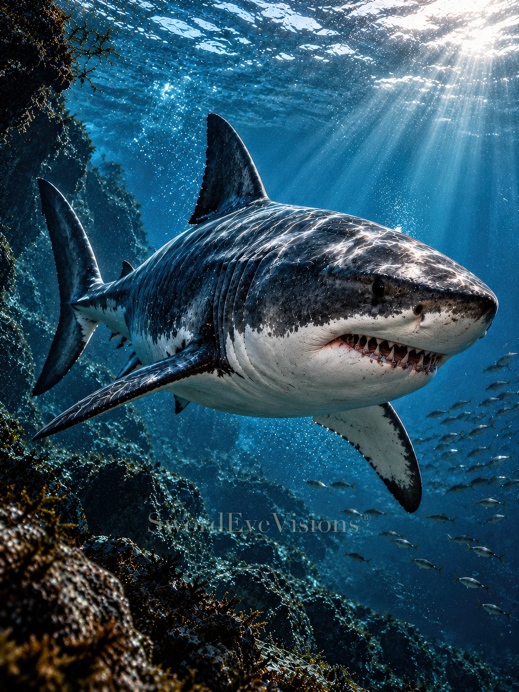 Shark artwork from SEV Fauna, shown without its frame — protected web preview; watermark appears on the display image only, not the supplied print