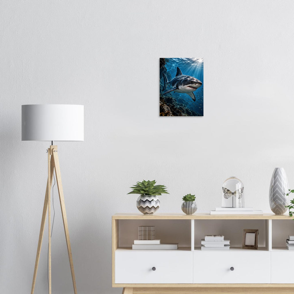 Shark unframed fine art print, 30 × 40 cm, on a wall above a sideboard