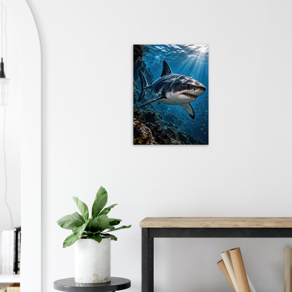 Shark unframed fine art print, 45 × 60 cm, beside an arched doorway