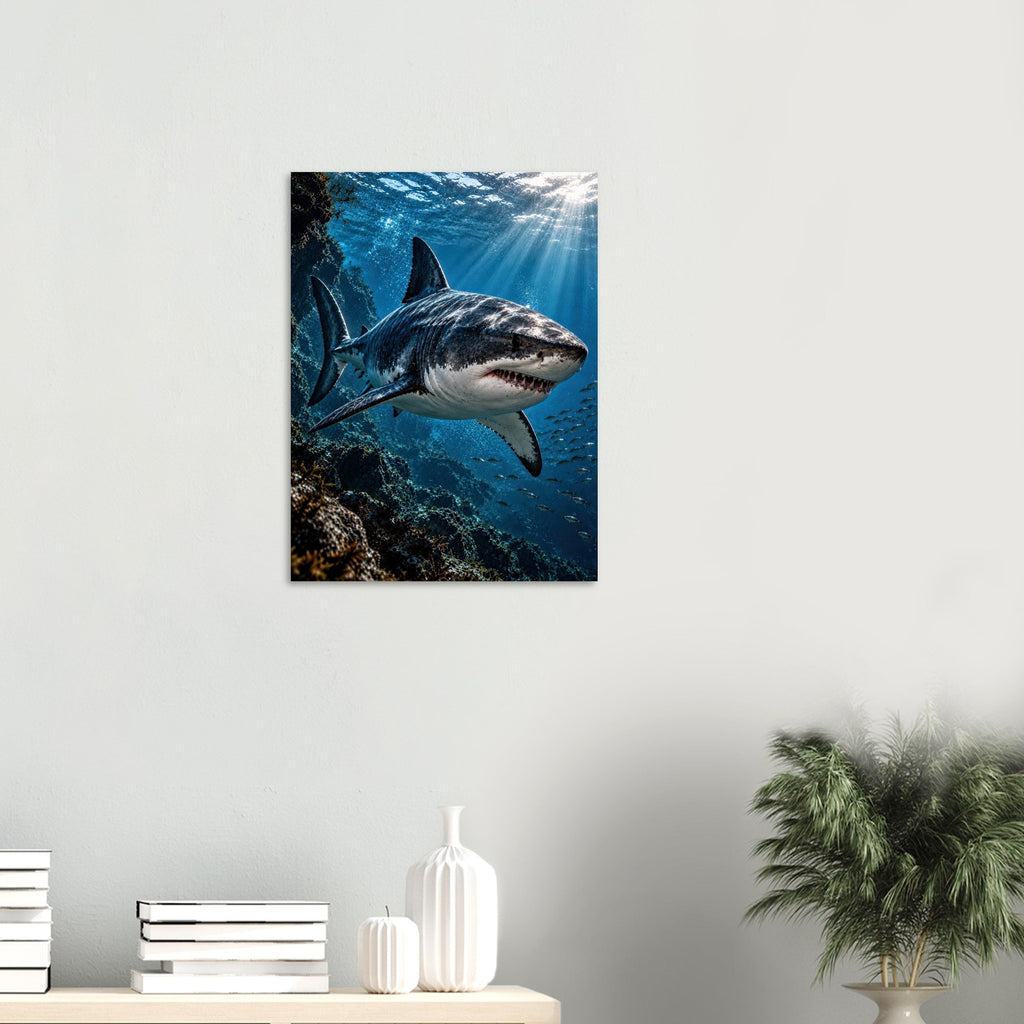 Shark unframed fine art print, 45 × 60 cm, on a wall above a shelf