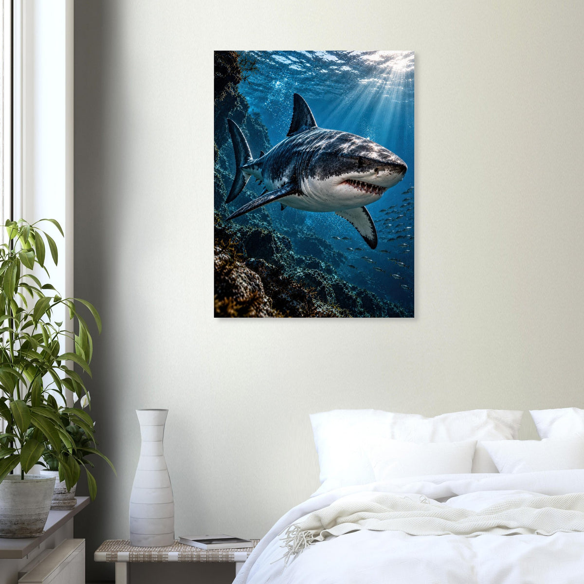 Shark unframed fine art print, 60 × 80 cm, in a bedroom