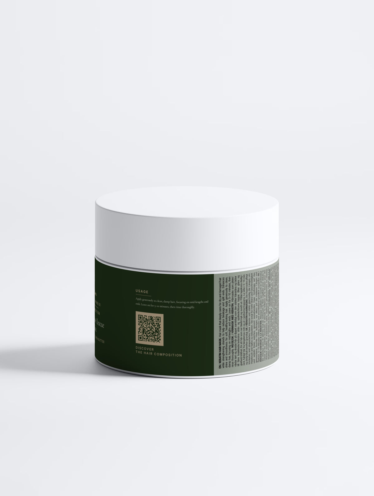 Keratin Intensive Rescue Hair Mask jar, side view showing usage directions, QR code and the ingredient panel — SEV Apothecary
