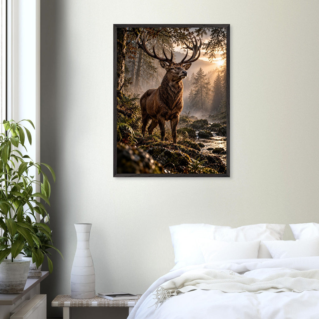 Stag framed art print, 60 × 80 cm, in a bedroom