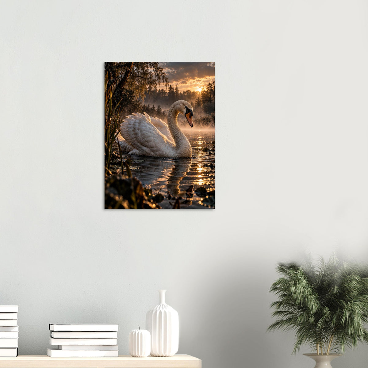 Swan unframed fine art print, 45 × 60 cm, on a wall above a shelf
