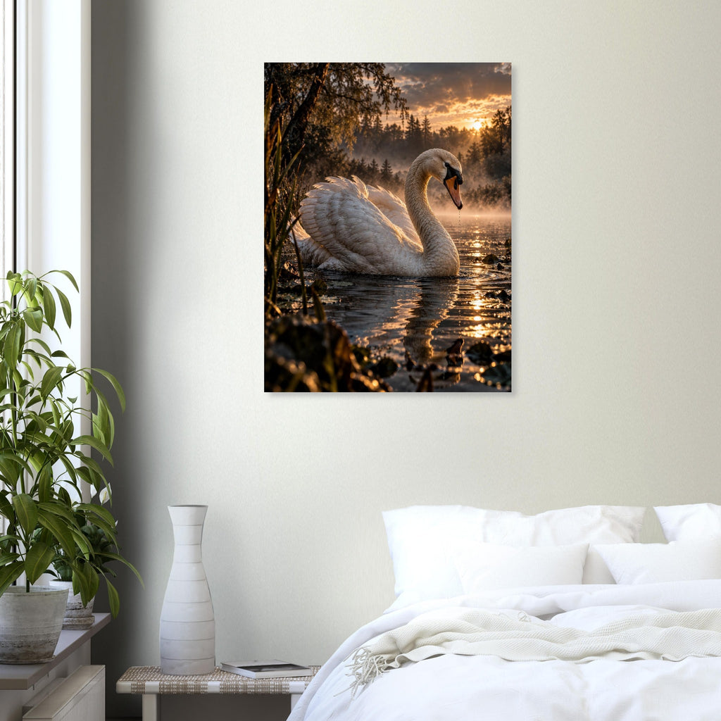 Swan unframed fine art print, 60 × 80 cm, in a bedroom