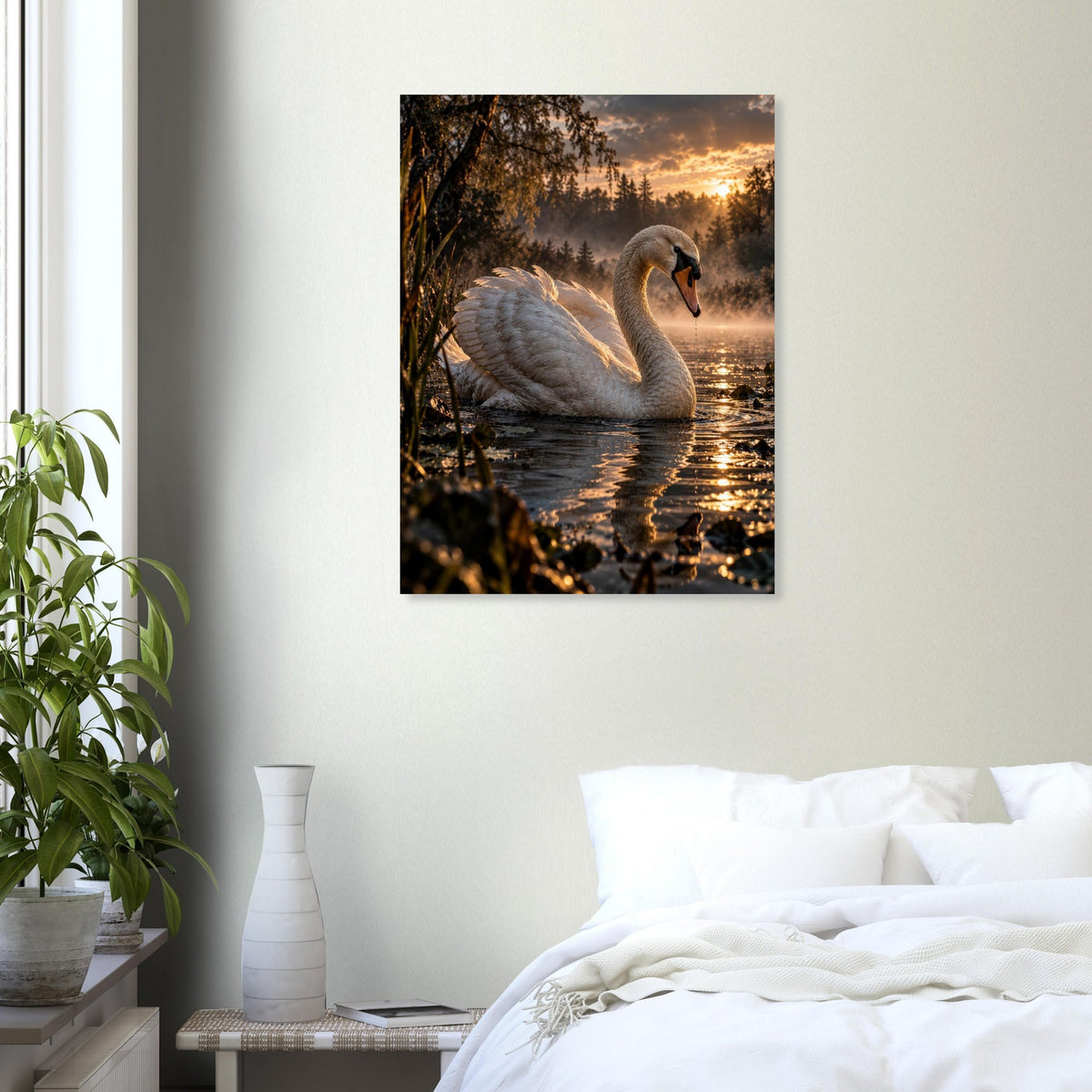 Swan unframed fine art print, 60 × 80 cm, in a bedroom