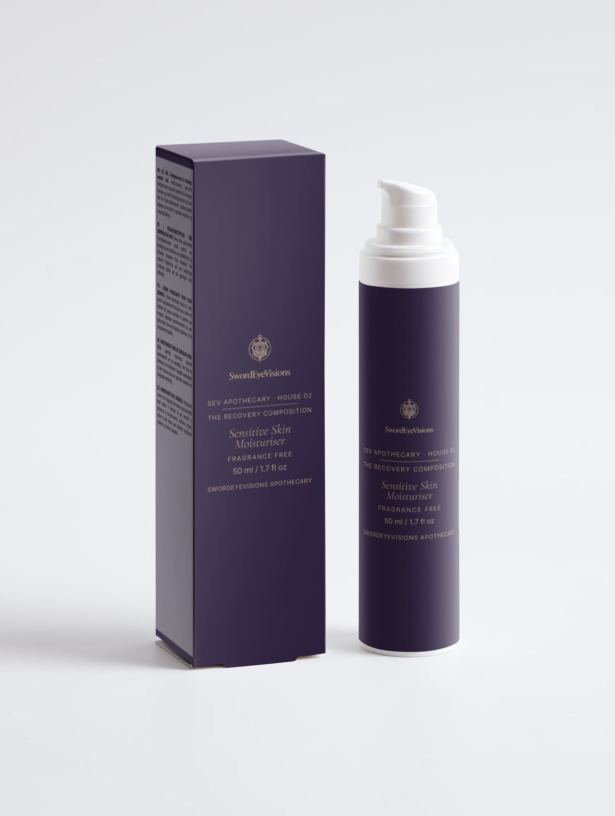 Sensitive Skin Moisturiser, Fragrance Free — 50 ml SEV Apothecary pump bottle beside its deep aubergine carton, both front-facing, showing the SwordEyeVisions sigil above The Recovery Composition.
