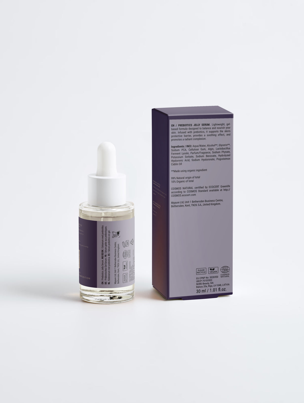 Bioactive Prebiotics Jelly Serum — 30 ml dropper bottle with the carton turned to show the ingredients and regulatory panel.