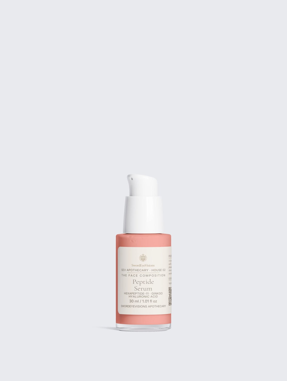 The 30 ml pump bottle alone, front view, showing the tinted serum through the clear glass.