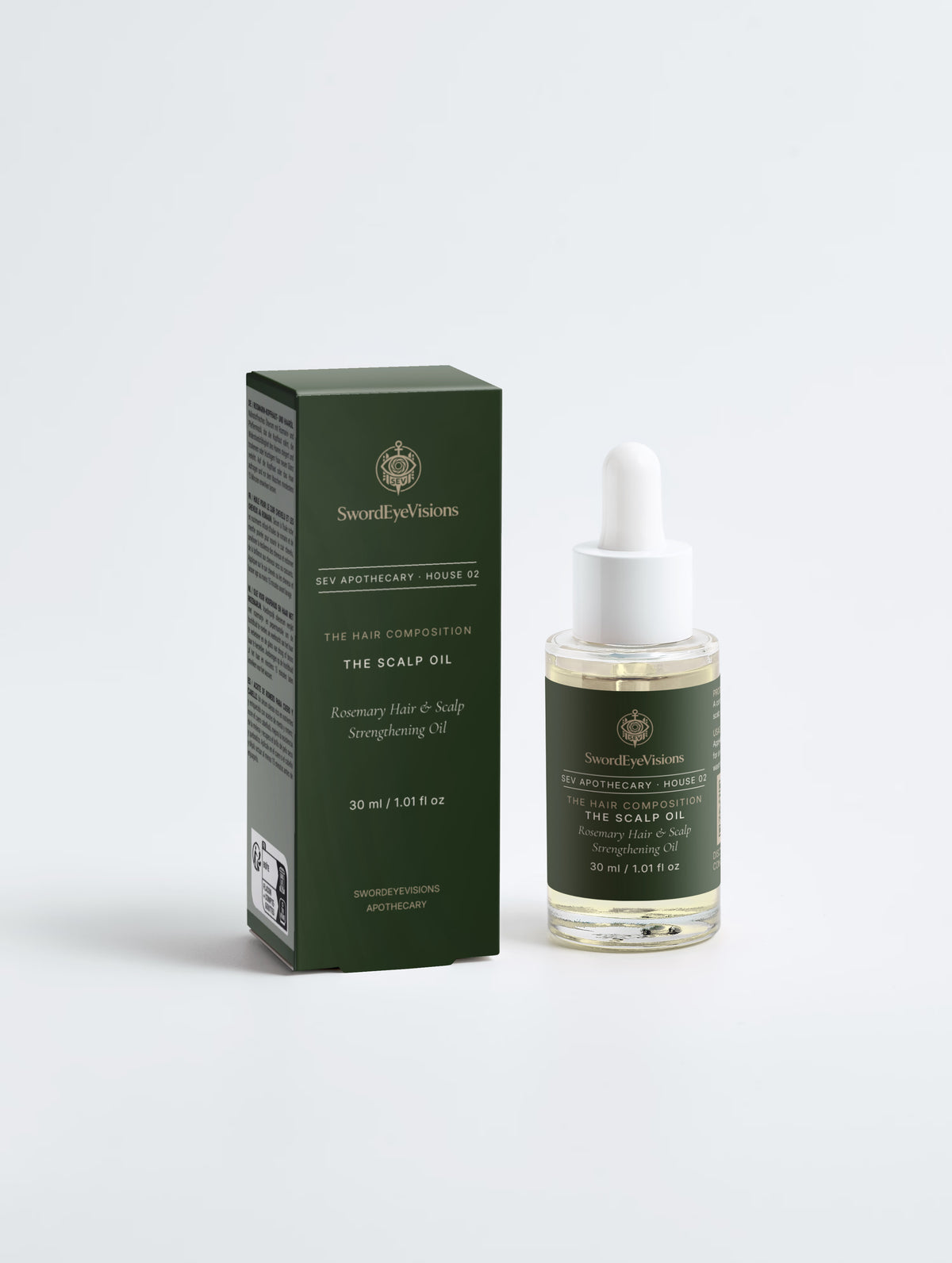 Rosemary Hair & Scalp Strengthening Oil dropper bottle and carton, front view — SEV Apothecary, The Hair Composition