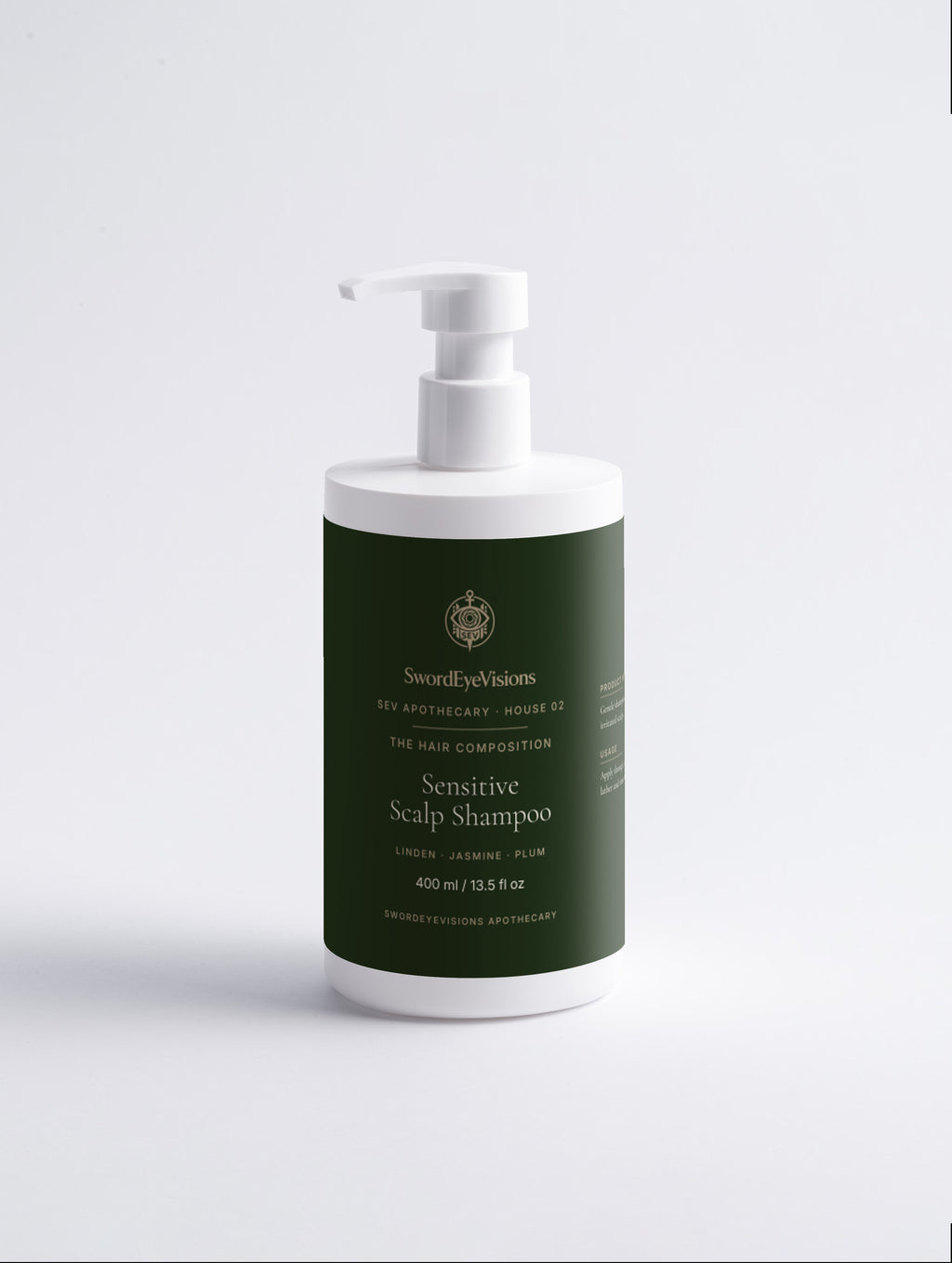 Sensitive Scalp Shampoo — 400 ml dark green SEV Apothecary bottle with a white pump, front view showing the SwordEyeVisions sigil above The Hair Composition, on a plain studio background.