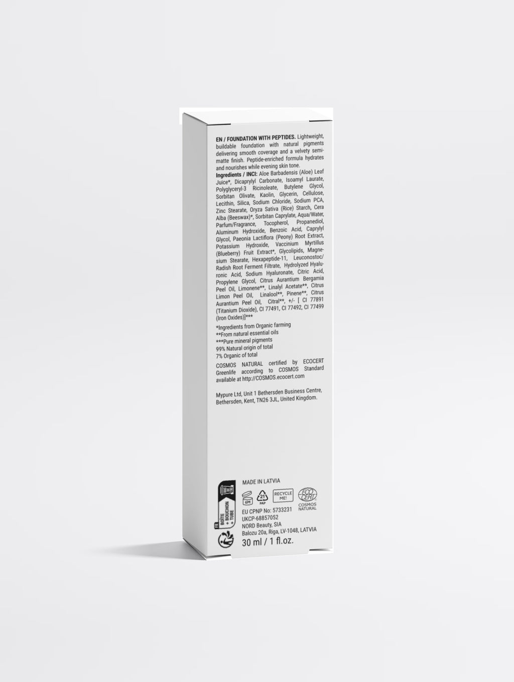 Reverse of the SEV Makeup Foundation carton showing the full ingredients list, ECOCERT COSMOS Natural certification, recycling marks, Made in Latvia, and the EU and UK registration numbers.