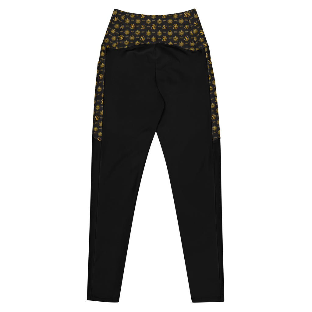 Luxury Black Leggings with Pockets — Eclipse Noir Gold Crest — Waistband & Pocket Panel Edition — alternate view 3 of 4