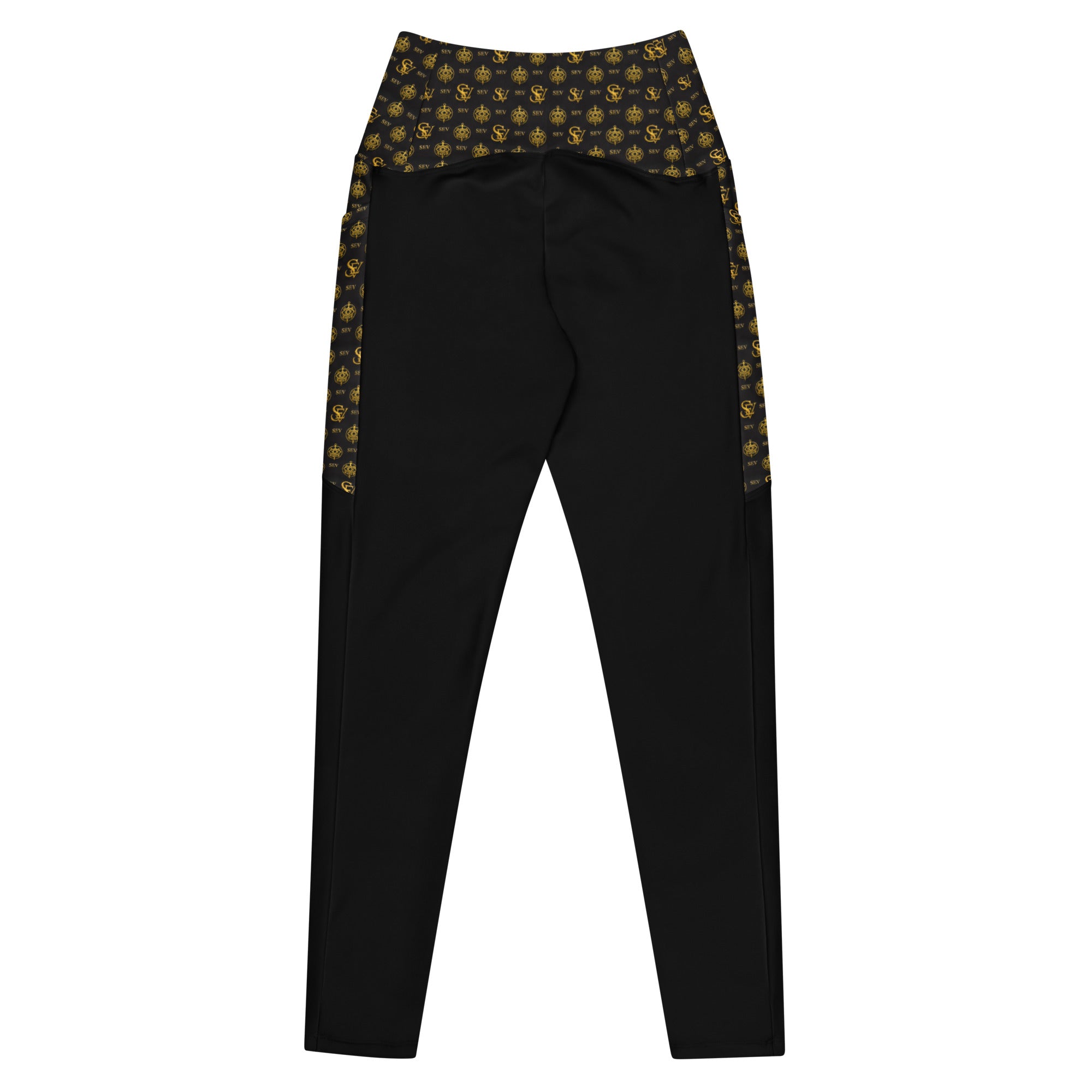 Luxury Black Leggings with Pockets — Eclipse Noir Gold Crest — Waistband & Pocket Panel Edition — alternate view 3 of 4