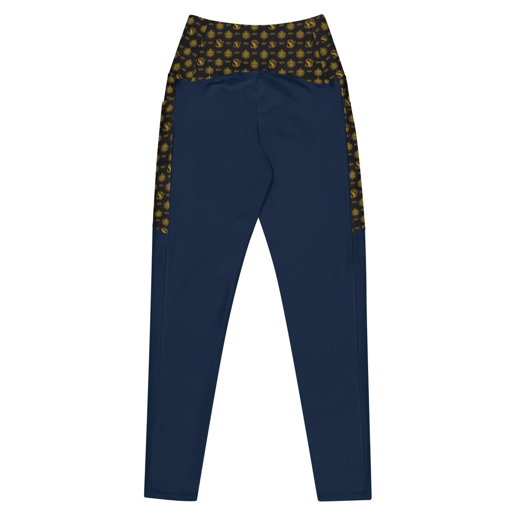 Luxury Blue Leggings with Pockets — Eclipse Noir Gold Crest — Waistband & Pocket Panel Edition — alternate view 3 of 4