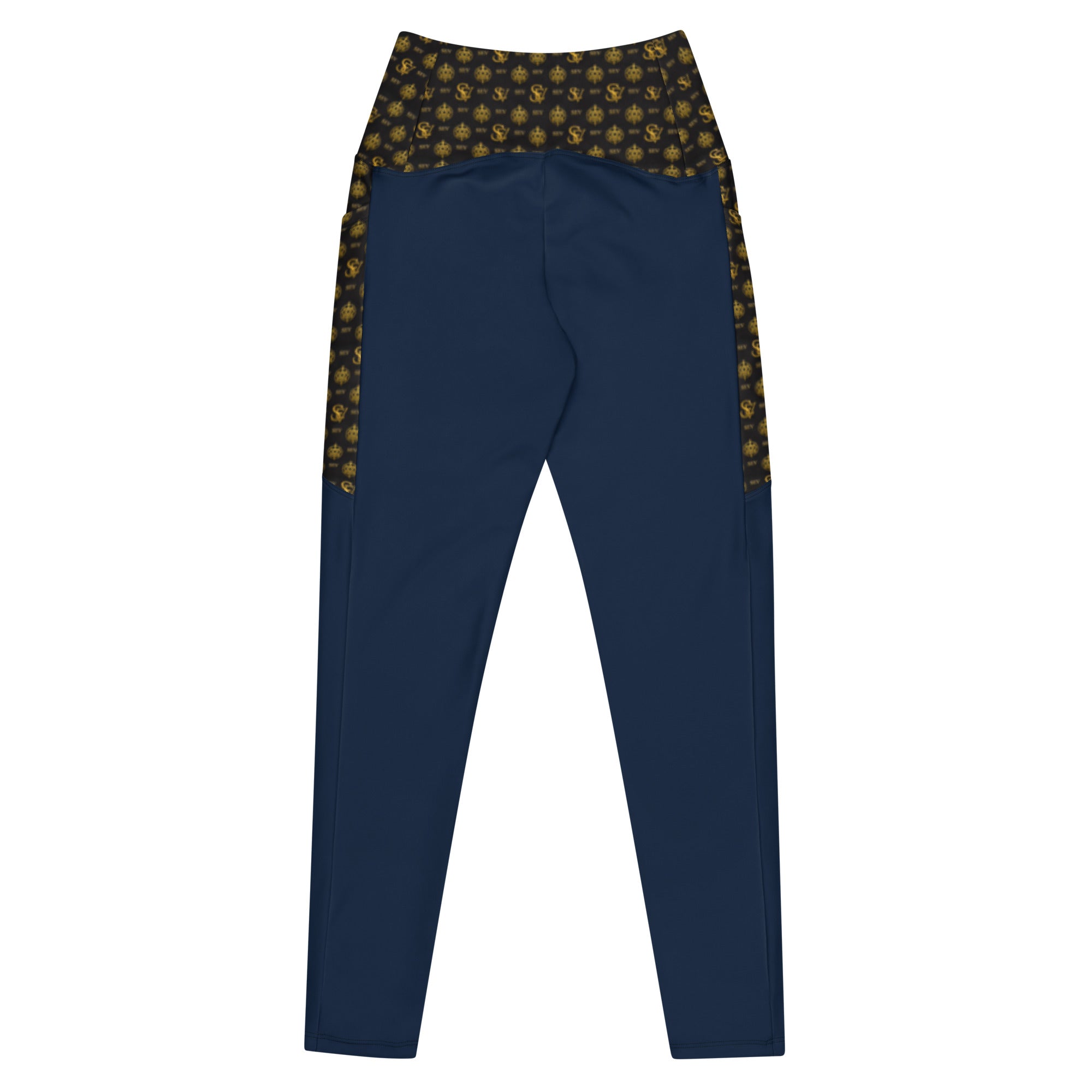 Luxury Blue Leggings with Pockets — Eclipse Noir Gold Crest — Waistband & Pocket Panel Edition — alternate view 3 of 4