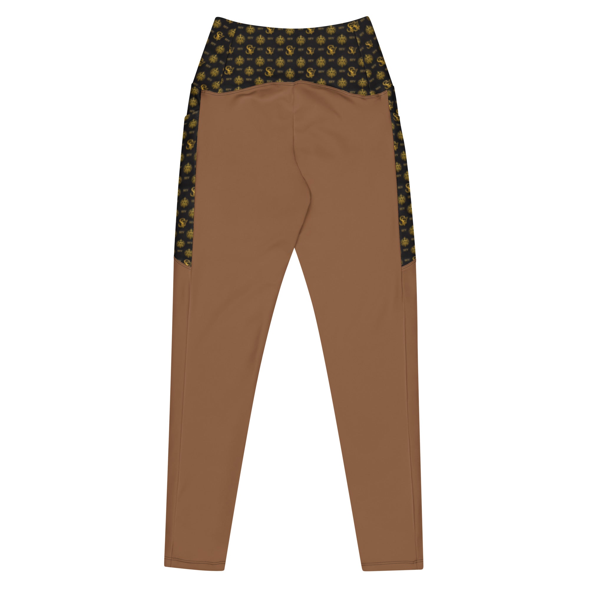 Jasper Brown Leggings with Pockets — Eclipse Noir Gold Crest — Waistband & Pocket Panel Edition — alternate view 3 of 4
