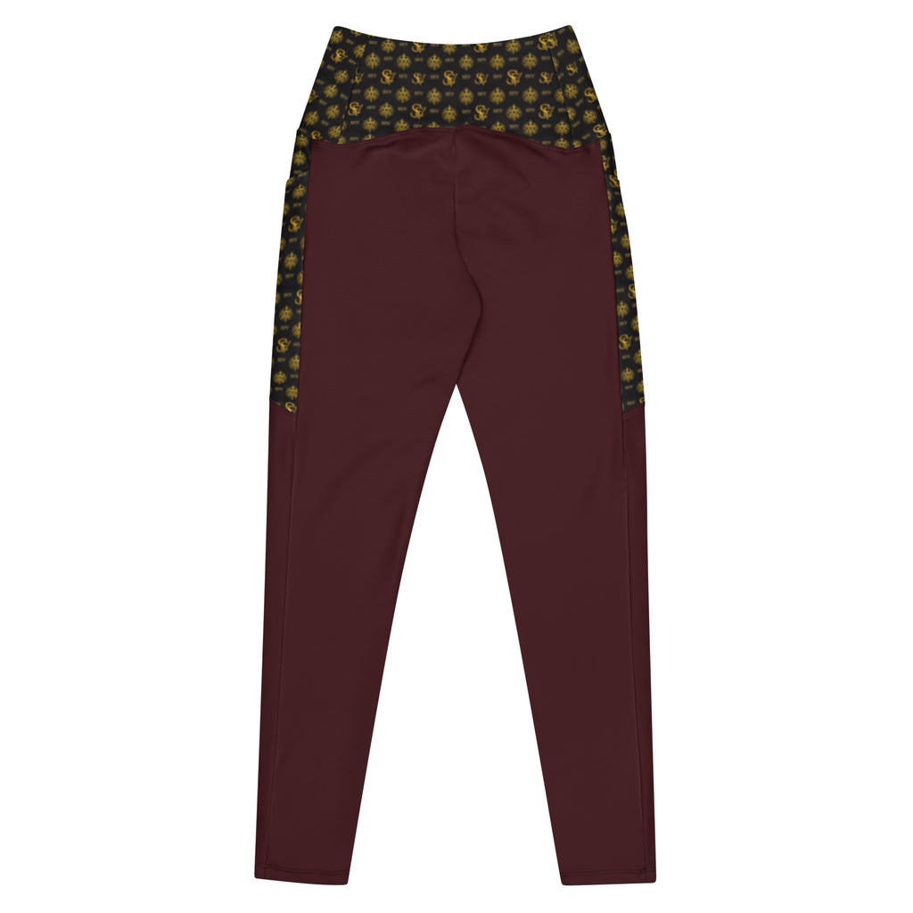 Luxury Red Leggings with Pockets — Eclipse Noir Gold Crest — Waistband & Pocket Panel Edition — alternate view 3 of 4