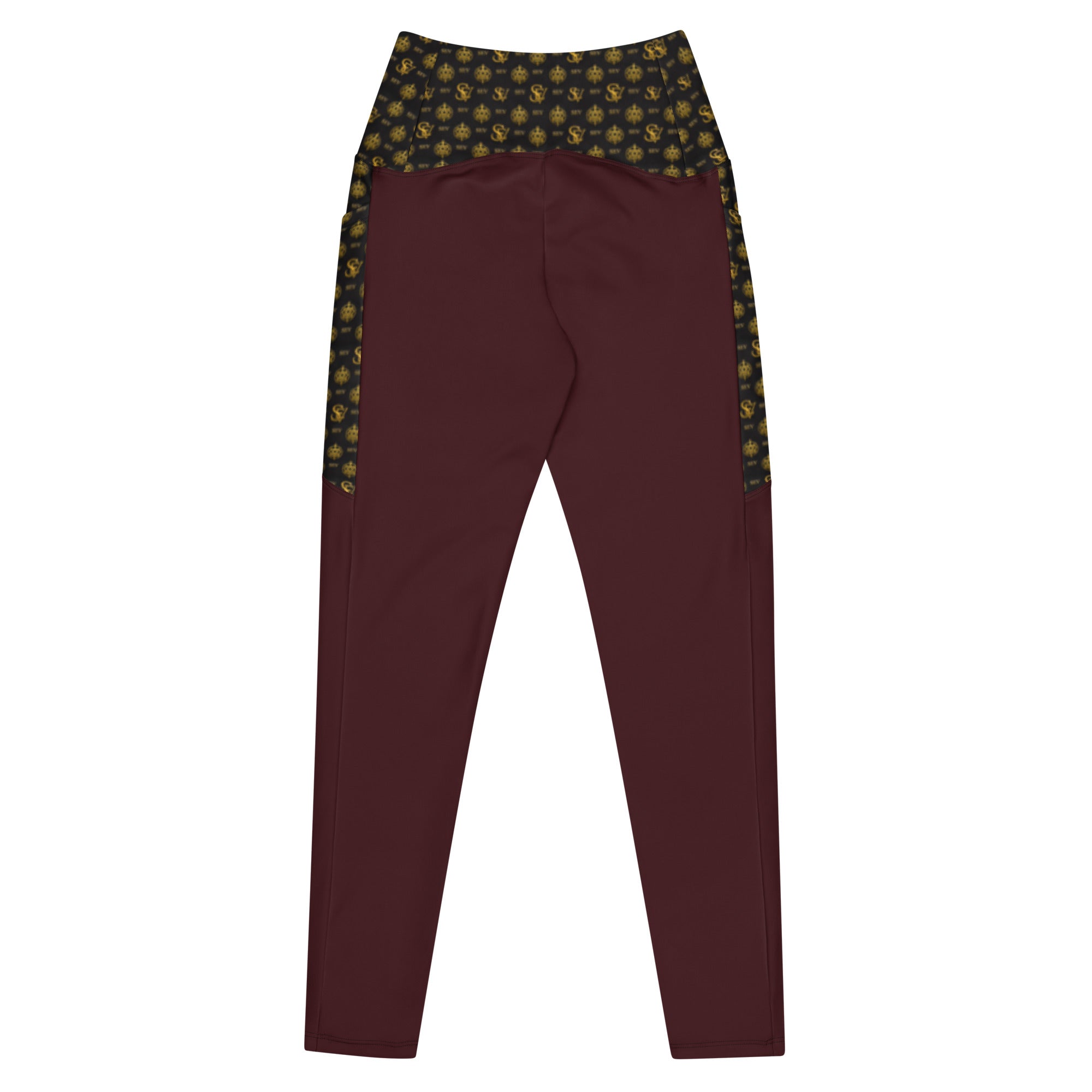 Luxury Red Leggings with Pockets — Eclipse Noir Gold Crest — Waistband & Pocket Panel Edition — alternate view 3 of 4