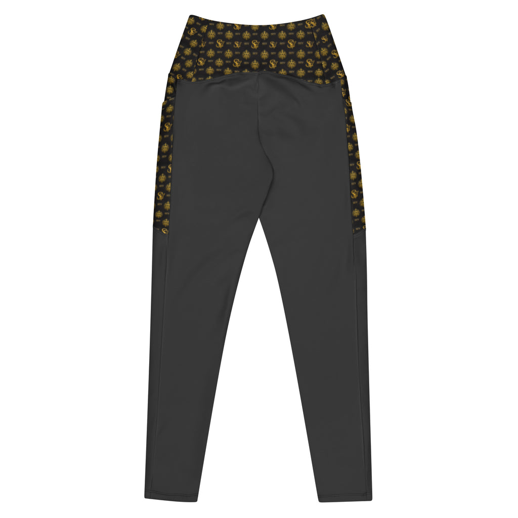 Carbon Smoke Leggings with Pockets — Eclipse Noir Gold Crest — Waistband & Pocket Panel Edition — alternate view 3 of 4