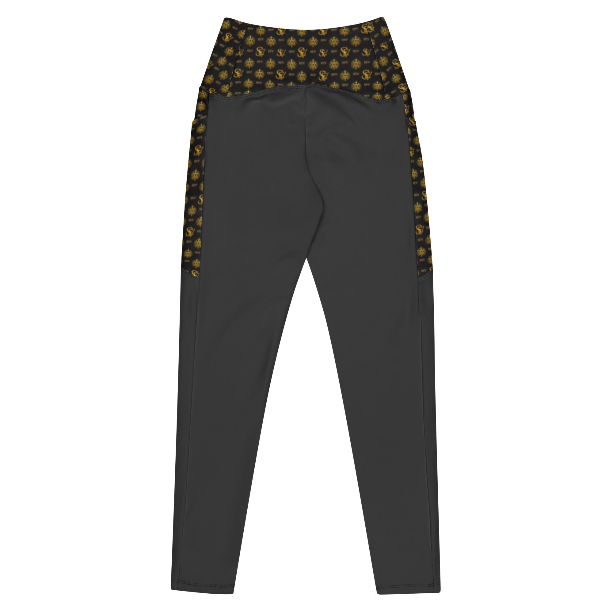 Carbon Smoke Leggings with Pockets — Eclipse Noir Gold Crest — Waistband & Pocket Panel Edition — alternate view 3 of 4
