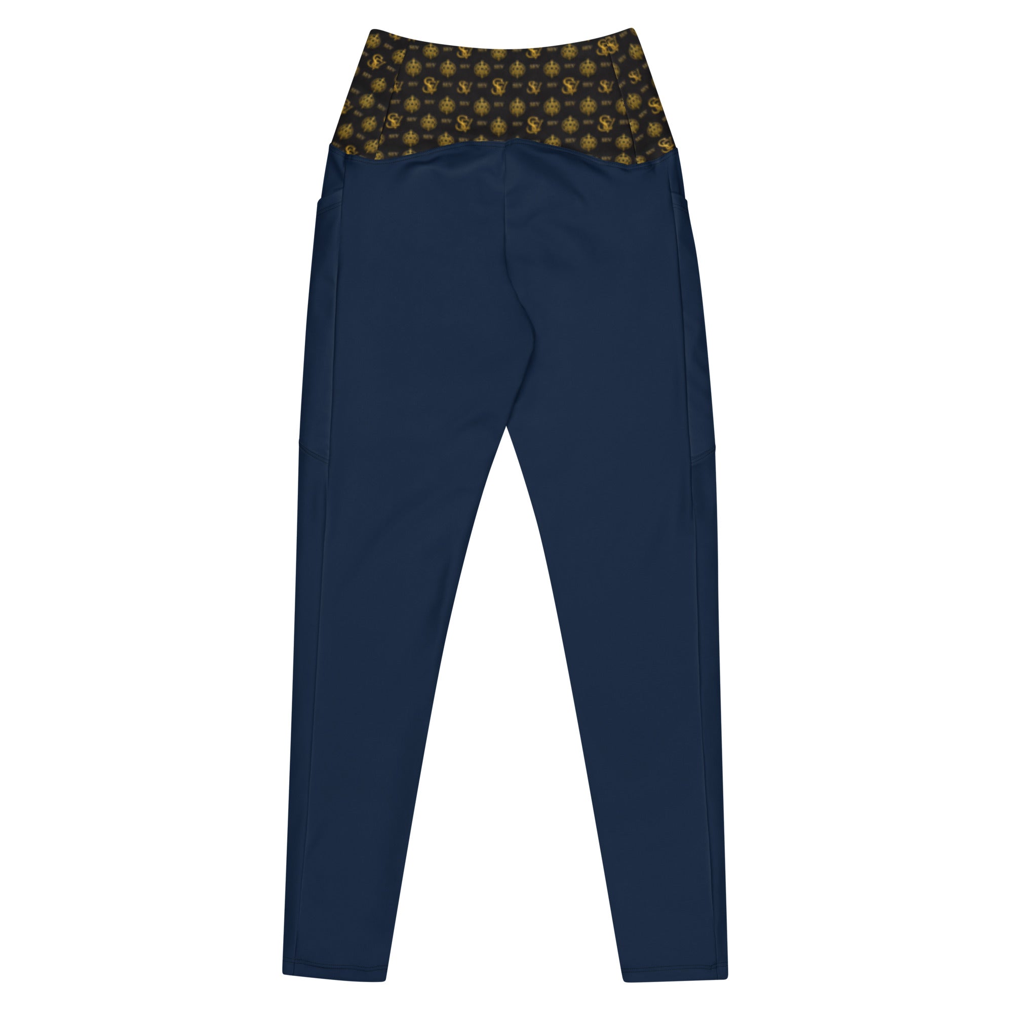 Luxury Blue Leggings with Pockets — Eclipse Noir Gold Crest — Waistband Edition — alternate view 3 of 4