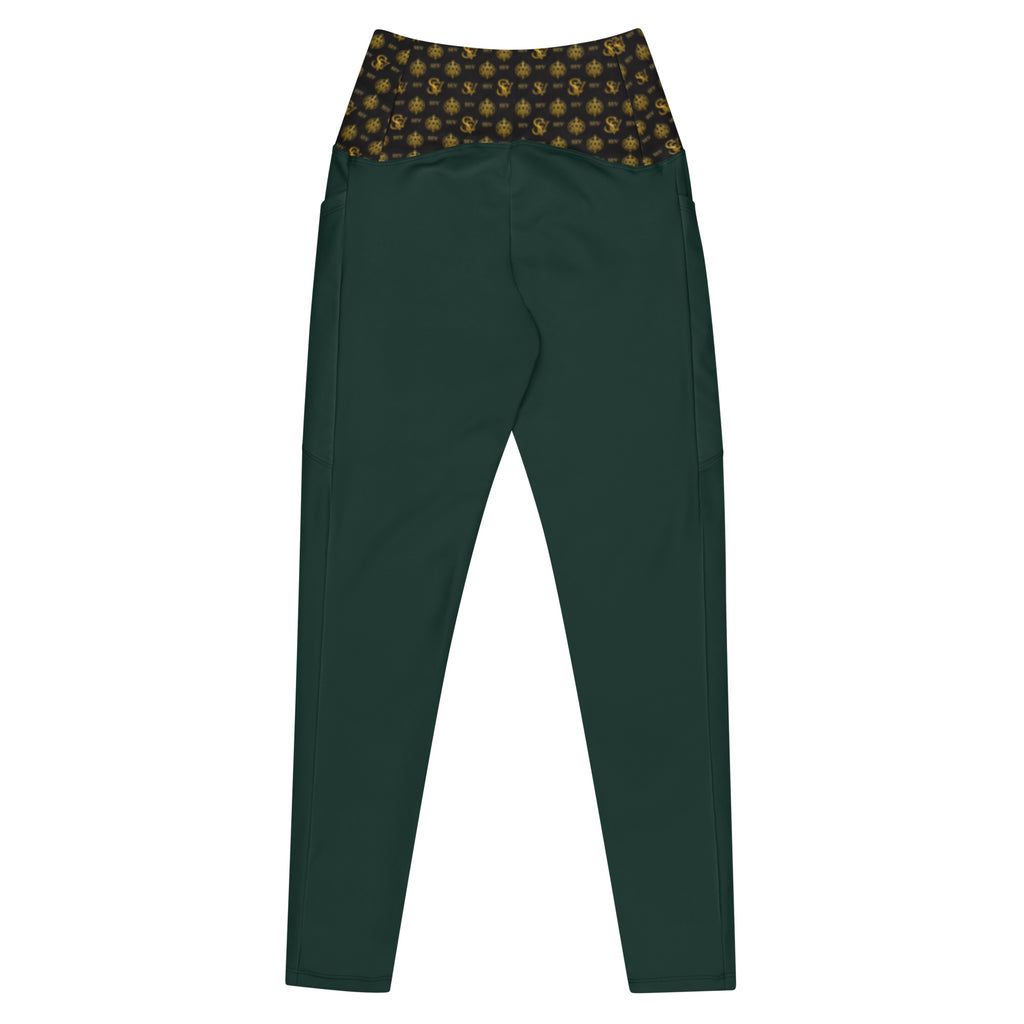 Luxury Emerald Leggings with Pockets — Eclipse Noir Gold Crest — Waistband Edition — alternate view 3 of 4