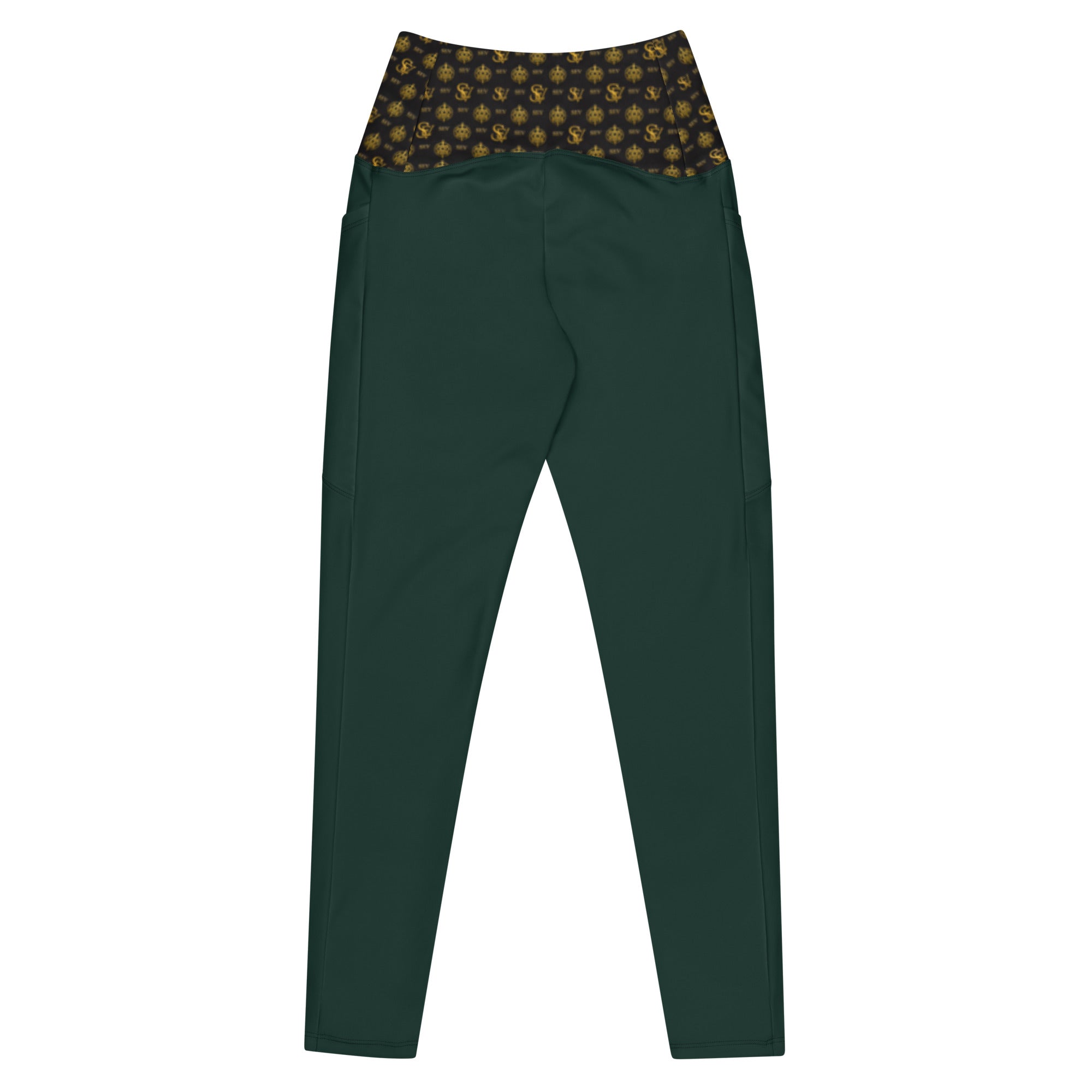 Luxury Emerald Leggings with Pockets — Eclipse Noir Gold Crest — Waistband Edition — alternate view 3 of 4