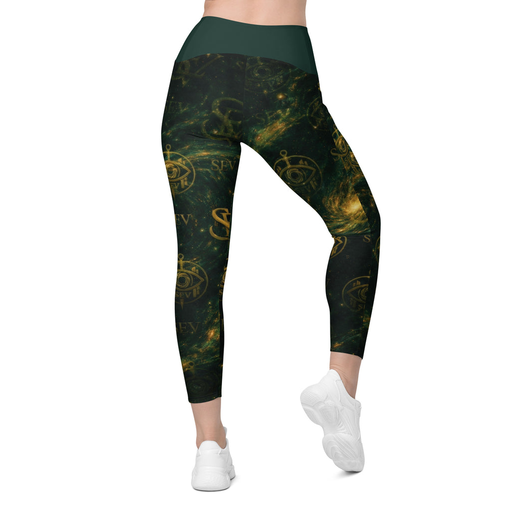 LUXURY EMERALD LEGGINGS WITH POCKETS — VERDANT NEBULA VEIL — alternate view 4 of 7