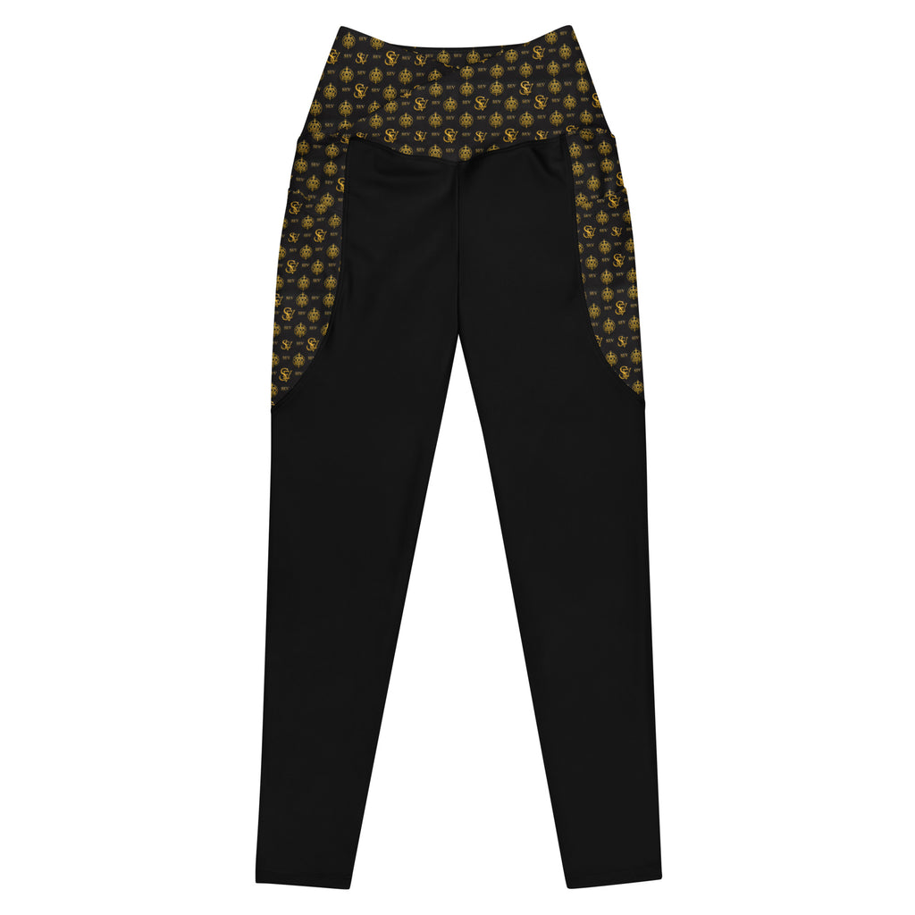 Luxury Black Leggings with Pockets — Eclipse Noir Gold Crest — Waistband & Pocket Panel Edition — alternate view 1 of 4