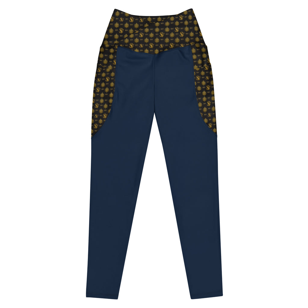 Luxury Blue Leggings with Pockets — Eclipse Noir Gold Crest — Waistband & Pocket Panel Edition — alternate view 1 of 4
