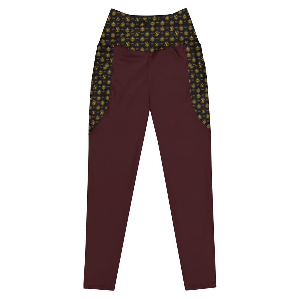 Luxury Red Leggings with Pockets — Eclipse Noir Gold Crest — Waistband & Pocket Panel Edition — alternate view 1 of 4