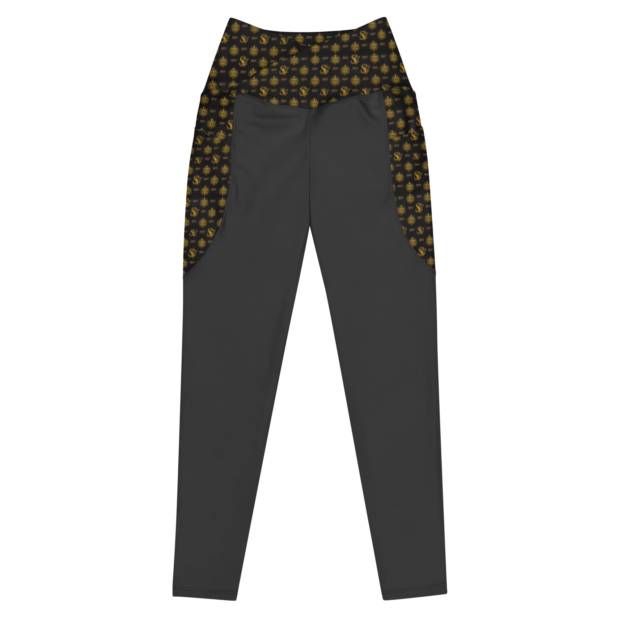 Carbon Smoke Leggings with Pockets — Eclipse Noir Gold Crest — Waistband & Pocket Panel Edition — alternate view 1 of 4