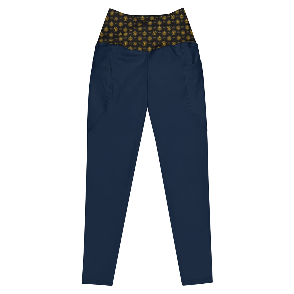 Luxury Blue Leggings with Pockets — Eclipse Noir Gold Crest — Waistband Edition — alternate view 1 of 4